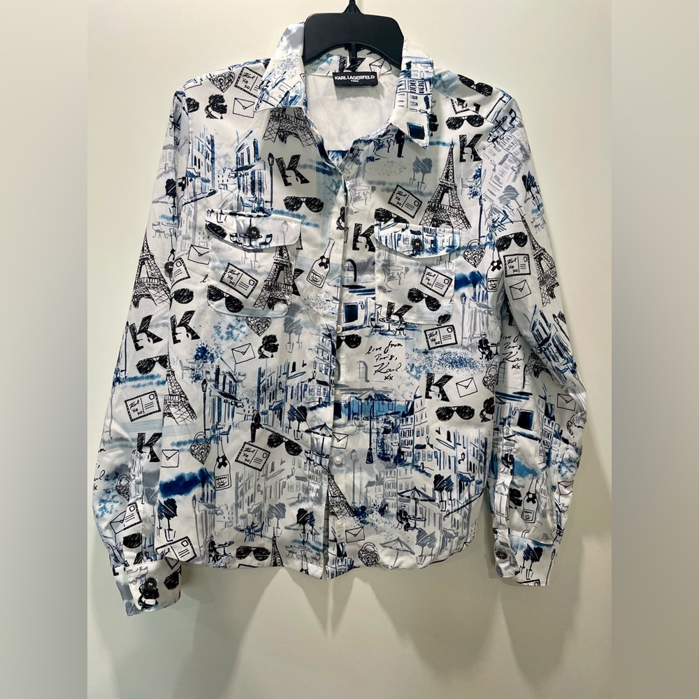 Karl Lagerfeld Paris Love Paris Print Roll-Tab Long Sleeve Shirt White Size Med